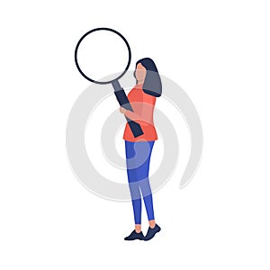 Woman with magnifying glass. Search for social networks.