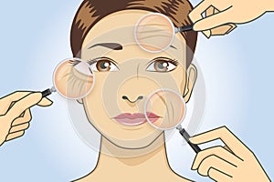 Woman magnifying wrinkle on face