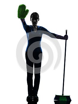 Woman maid housework brooming stop gesture silhouette