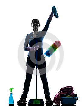 Woman maid housework cleaning products silhouette