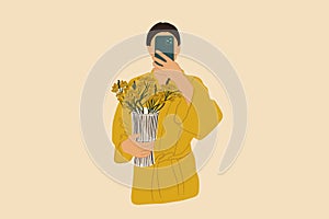 Woman make a selfie in bathrobe holding vase with flowers