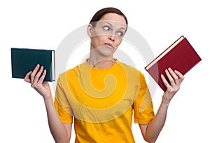 Woman makes a choice between two books