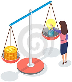 Woman makes decision with light bulb idea and coins on scales. Strategy for development in business