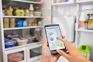 Woman makes her shopping list on his smartphone connected to the fridge