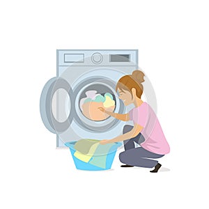 Woman makes laundry, puts clothes into washing maching isolated graphic