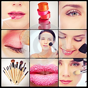 Woman, makeup and collage in studio with cosmetics for skincare with eyes, lips and creativity in confidence. Female