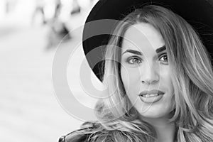 Woman with makeup on sensual face in la defense, paris