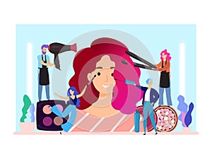 Woman makeup vector illustration, flat happy tiny cartoon makeup artist hairdresser characters group doing maquillage