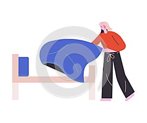 Woman making bed at home in morning vector illustration