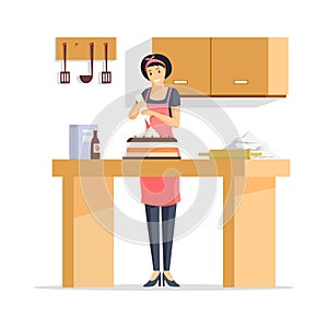 Woman making cake flat vector illustration. Cheerful bakehouse worker in apron, young housewife on kitchen cartoon