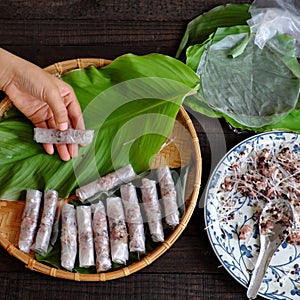 Woman making cha gio at home