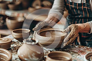 Woman Making Clay Pots on Table