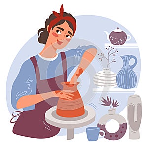 Woman making clay vase or pot on pottery wheel at ceramic studio. Potter workshop. Vector illustration