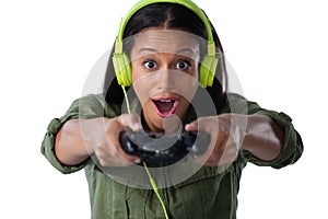 Woman making funny faces while playing video games