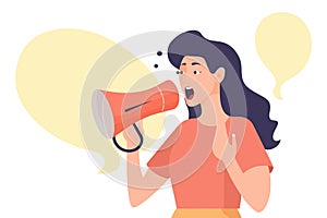 Woman making a megaphone hand gesture with a speech bubble above her head to announce a promotion or deal in a vector illustration