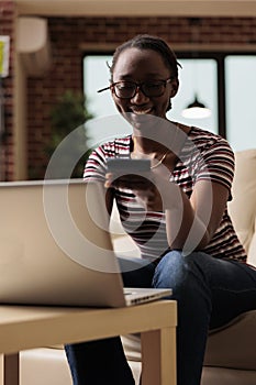 Woman making purchase in internet store, electronic shopping concept