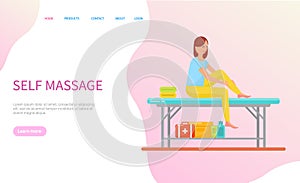 Woman Making Self Massage Sitting on Table Vector