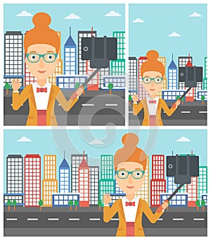 Woman making selfie vector illustration.