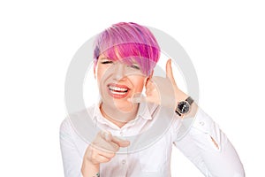 Woman making showing you call me gesture sign with hands