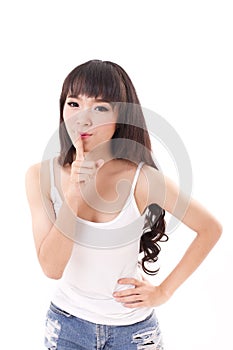 Woman making silence, hand sign