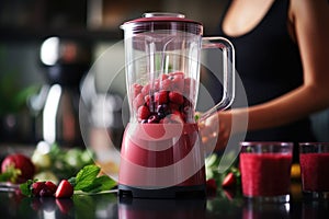 woman making smoothie using blender. ai generated