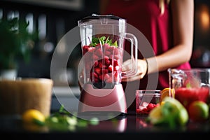 woman making smoothie using blender. ai generated