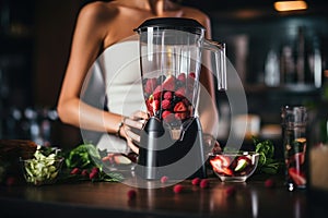 woman making smoothie using blender. ai generated