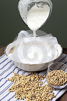 Woman making soy milk in kitchen