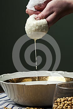 Woman making soy milk in kitchen