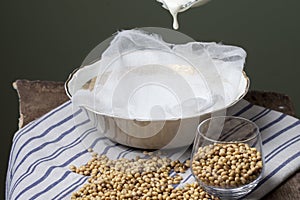 Woman making soy milk in kitchen