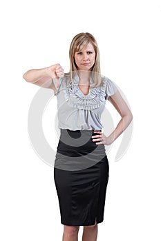 Woman making the thumbs down sign