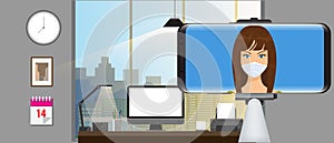 Woman making video blogging with mask. Stay at home concept vector illustration