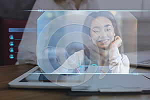 Woman Making Video Call Using Digital Tablet, Collage, Double Exposure