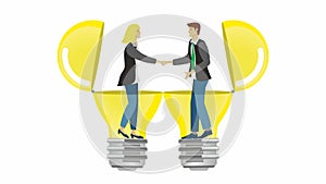 Woman and man in agreement about an idea. Shaking hands, standing in light bulbs. Vector illustration