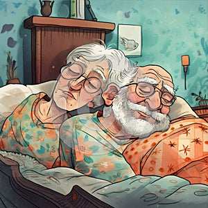 woman man bed retired old love together happy adult couple pillow asleep. Generative AI.