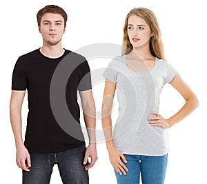 Woman and man in blank template t shirt isolated on white background. Guy and girl in tshirt with copy space and mock up