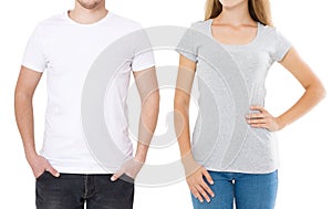 Woman and man in blank template t shirt isolated on white background. Guy and girl in tshirt with copy space and mock up