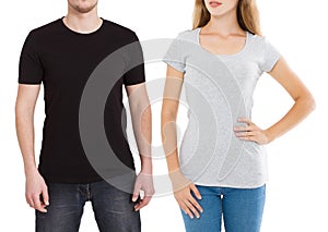 Woman and man in blank template t shirt isolated on white background. Guy and girl in tshirt with copy space and mock up