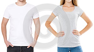 Woman and man in blank template t shirt isolated on white background. Guy and girl in tshirt with copy space and mock up