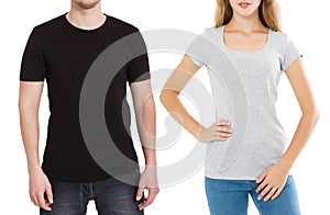 Woman and man in blank template t shirt isolated on white background. Guy and girl in tshirt with copy space and mock up