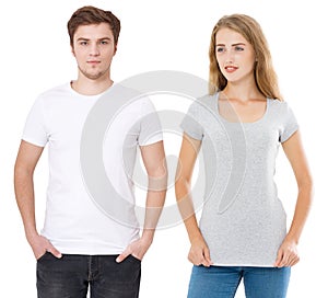 Woman and man in blank template t shirt isolated on white background. Guy and girl in tshirt with copy space and mock up