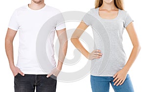 Woman and man in blank template t shirt isolated on white background. Guy and girl in tshirt with copy space and mock up