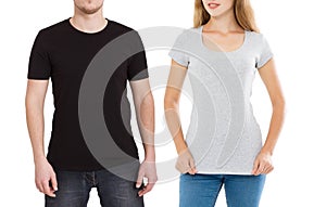 Woman and man in blank template t shirt on white background. Guy and girl in tshirt with copy space and mock up