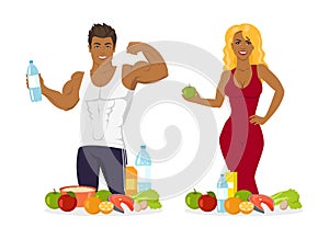 Woman and Man Bodybuliders Eating Healthy Food
