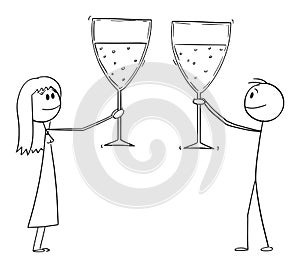 Woman and Man or Businessman Celebrating Success With Glasses of Wine, Vector Cartoon Stick Figure Illustration