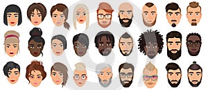 Woman man characters, facial portraits vector illustration set, cartoon flat adult people heads with different faces or