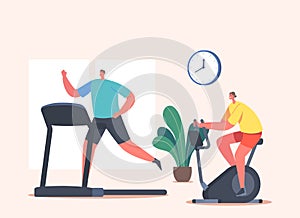 Woman and Man Characters Training in Gym on Exercise Bike and Treadmill. Sports Workout, Healthy People Doing Cardio