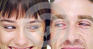 Woman, man and closeup with face together for comic joke, smile and funny with looking in studio. Girl, person and happy