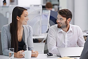 Woman, man and discussion with coffee at office in morning with smile for ideas, teamwork and questions. Business people