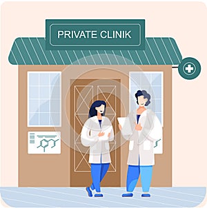 Woman and man doctors in medical coats with documents in hands communicating near private clinic